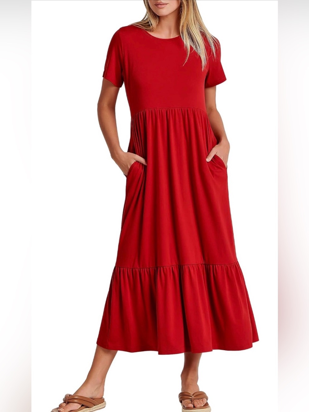 Red Short-Sleeve Tiered Midi Dress with Pockets